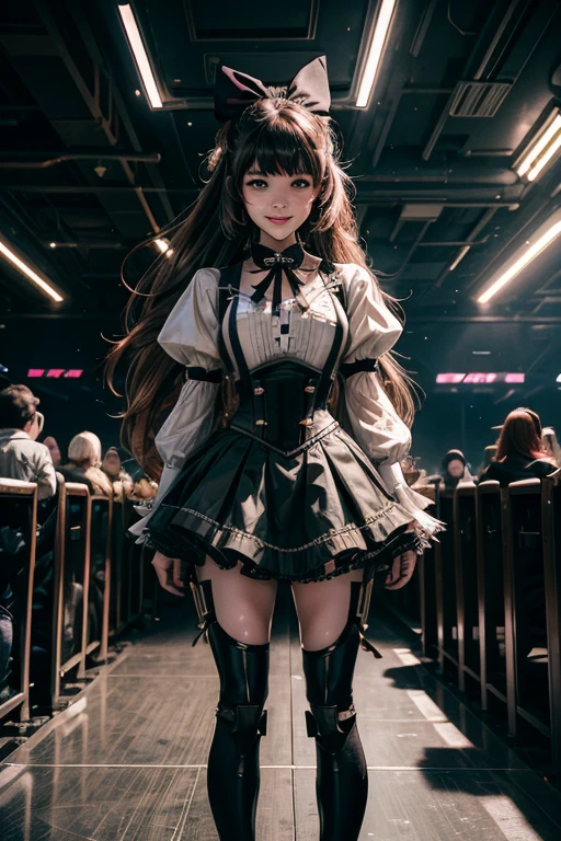 cowboy shot,  smile,  underbust, Penny Polendina, long hair, neck ribbon, suspender skirt, corset, black bow, white blouse, mechanical legs, neon trim, indoors, in cyberpunk stadium, crowd, (crowd wearing cyberpunk fashion)

