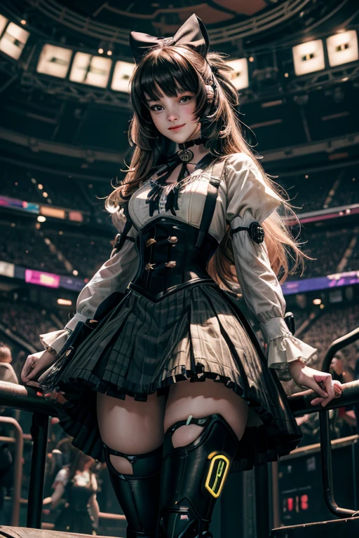 cowboy shot,  smile,  underbust, Penny Polendina, long hair, neck ribbon, suspender skirt, corset, black bow, white blouse, mechanical legs, neon trim, indoors, in cyberpunk stadium, crowd, (crowd wearing cyberpunk fashion)

