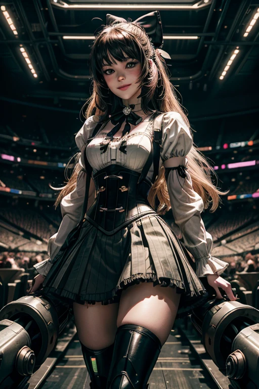 cowboy shot, smile, underbust, Penny Polendina, long hair, neck ribbon, suspender skirt, corset, black bow, white blouse, mechanical legs, neon trim, indoors, sitting in cyberpunk music studio, crowd, (crowd wearing military outfits)