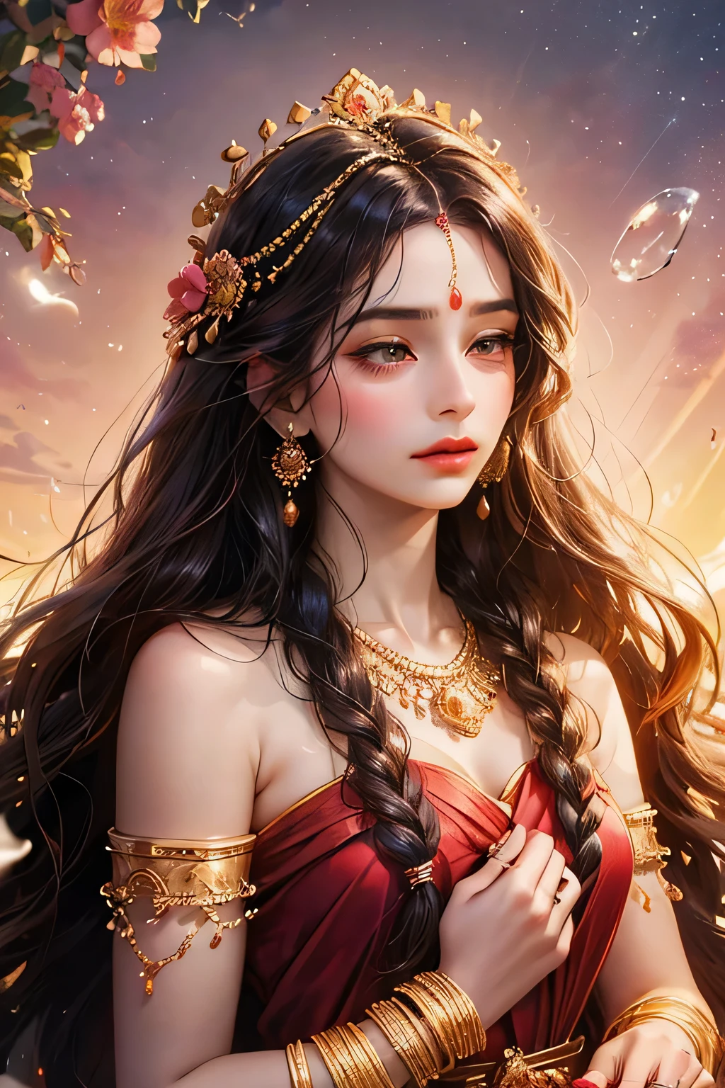 Goddess parvati, animated style, closeup shot, anime in a red indian dress, long black wavy hair untied, head jewellery, necklace, bangles and bracelets, rings, calm expression, bright big black eyes, holding a flower, natural beauty, vibrant colors, dreamy, northern light, pink bubble, romantic, soft lighting, vintage aesthetic
