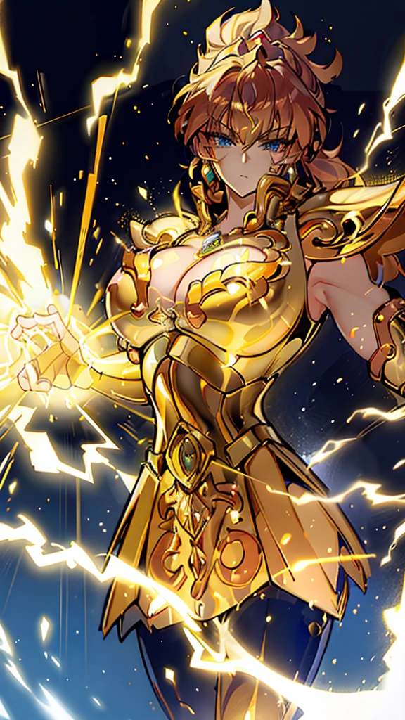 Gold Armor, 4K image, rallies, best quality, masterpiece, movie lighting ，Sexy，Large Breasts，Cleavage，action，In battle，cleavage，anger，noble，Light beams from hands，Golden lightning all around，red hair，ponytail hairstyle，Saint Seiya Leo Aiolia，Wink，lipstick