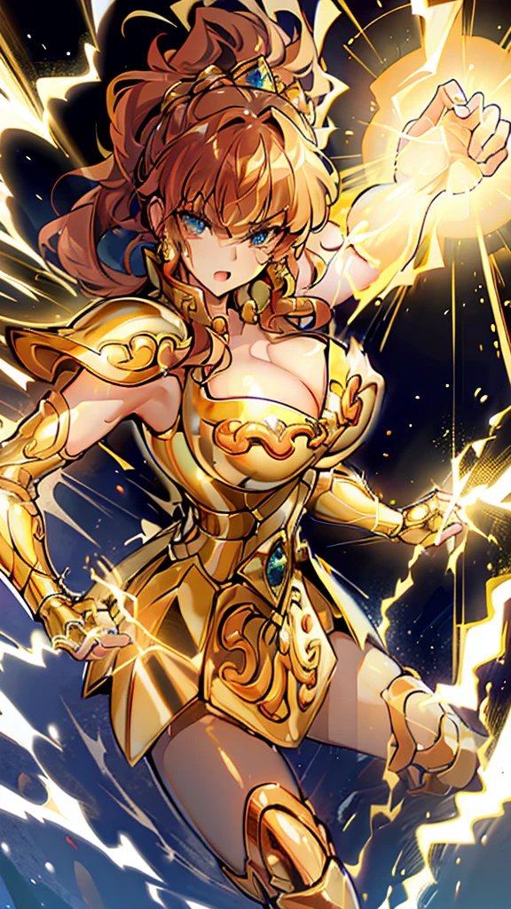 Gold Armor, 4K image, rallies, best quality, masterpiece, movie lighting ，Sexy，Large Breasts，Cleavage，action，In battle，cleavage，anger，noble，Light beams from hands，Golden lightning all around，red hair，ponytail hairstyle，Saint Seiya Leo Aiolia，Wink，lipstick