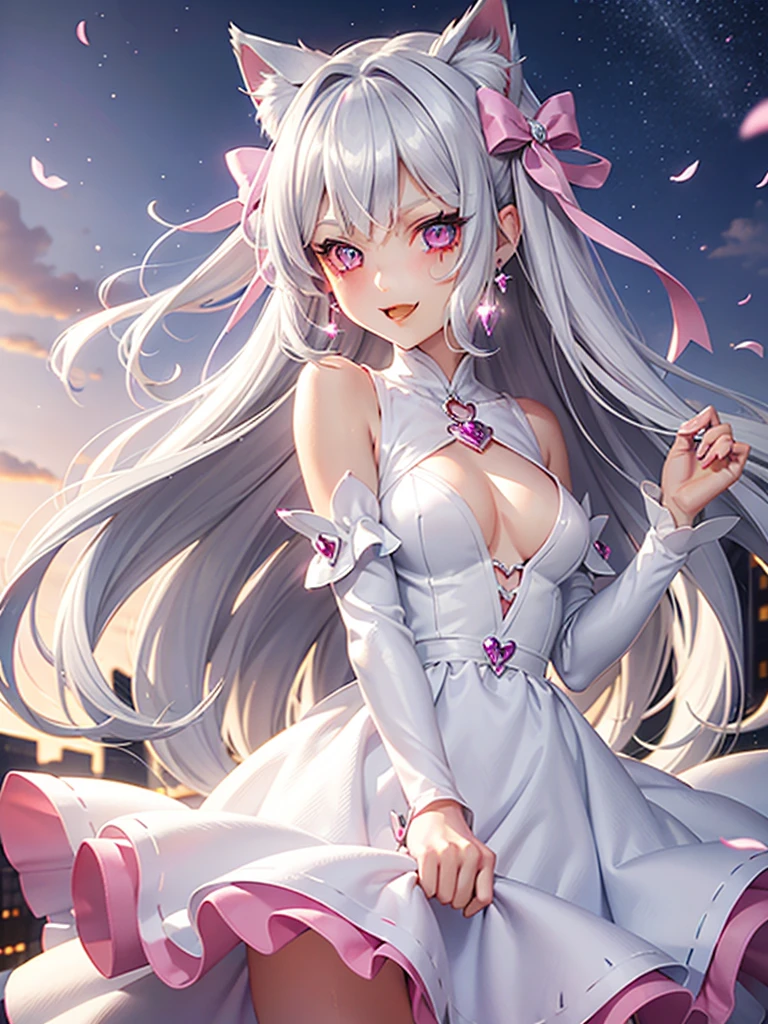 Silver hair, pink eyes, body, cat ears, sexy girl, earrings, sky background fantasy, princess, godly, hair bows, happy face, pink dress
