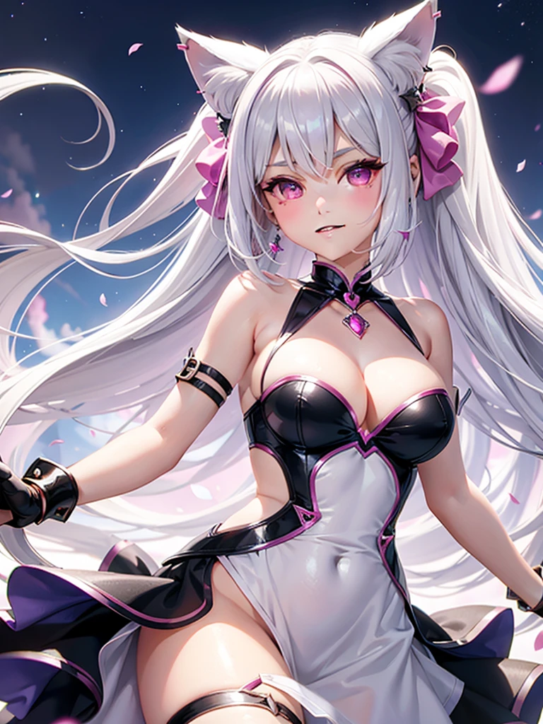 Silver hair, pink eyes, body, cat ears, sexy girl, earrings, sky background fantasy, princess, godly, hair bows, happy face, pink dress