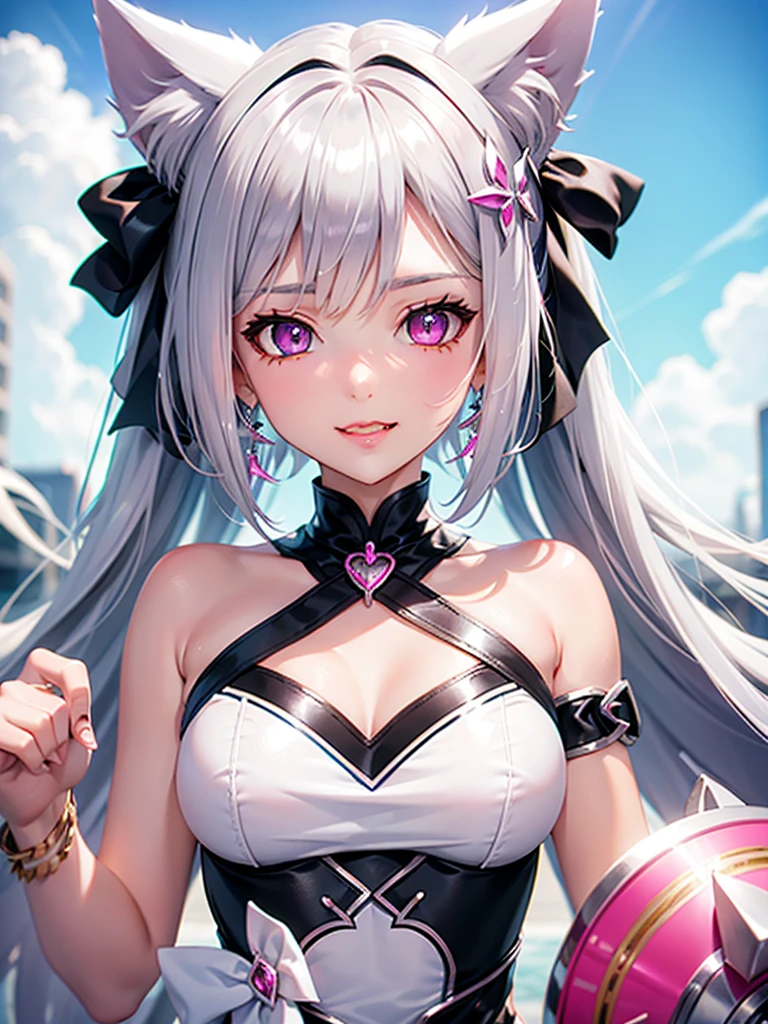 Silver hair, pink eyes, body, cat ears, sexy girl, earrings, sky background fantasy, princess, godly, hair bows, happy face, pink dress