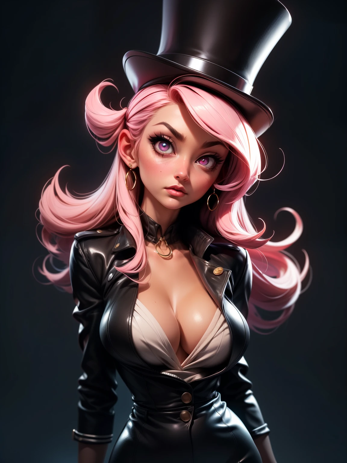 woman, solo, colored tips, light pink eyes, mechanic,  babes style,
([person|Cobie Smulders|Famke Janssen]:0.85), middle shot, 
8k resolution, [medium breast]
masterpiece, professional, high quality, beautiful, amazing,( cyberpunk:0.7), ConceptArtWorld, Top Hat, big hair, 
masterpiece, highres,  4k, detailed background, moody, (ghastly:0.8), by Anish Kapoor, by Tomi Ungerer, 