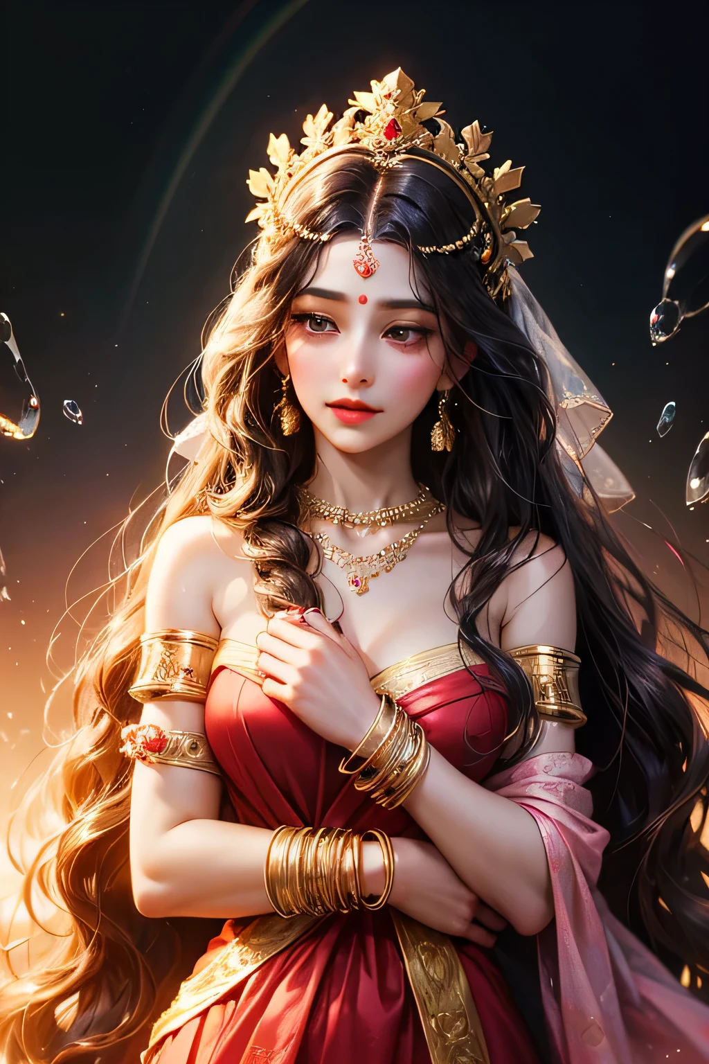 Goddess parvati, very beautiful, animated style, closeup shot, anime in a red indian dress, long black wavy hair untied, head jewellery, necklace, earings, armlets, bangles and bracelets, rings, pleasant expression, bright big black eyes, holding a flower, natural beauty, vibrant colors, dreamy, northern light, pink bubble, romantic, soft lighting, vintage aesthetic