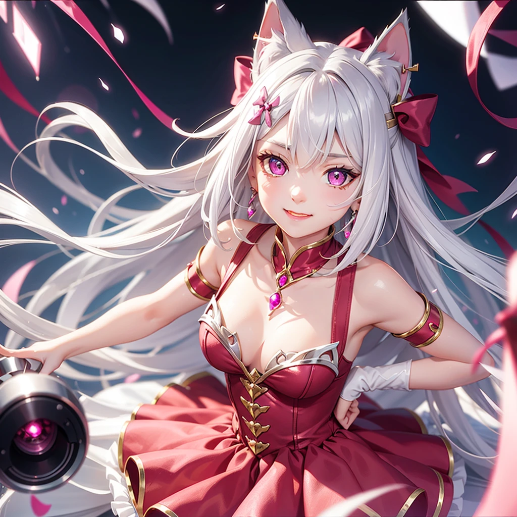 Silver hair, pink eyes, body, cat ears, girl, earrings, background fantasy, princess, godly, hair bows, happy face, red dress