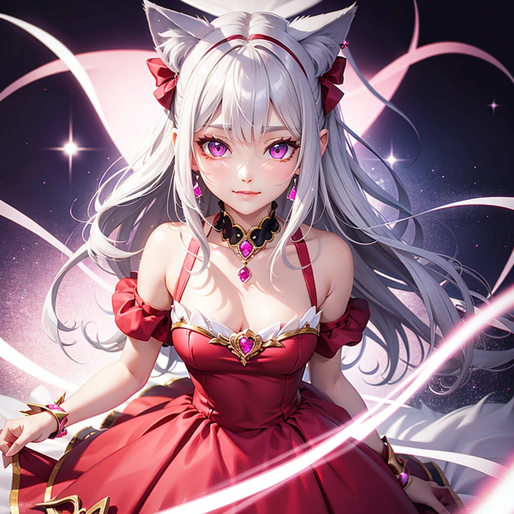 Silver hair, pink eyes, body, cat ears, girl, earrings, background fantasy, princess, godly, hair bows, happy face, red dress