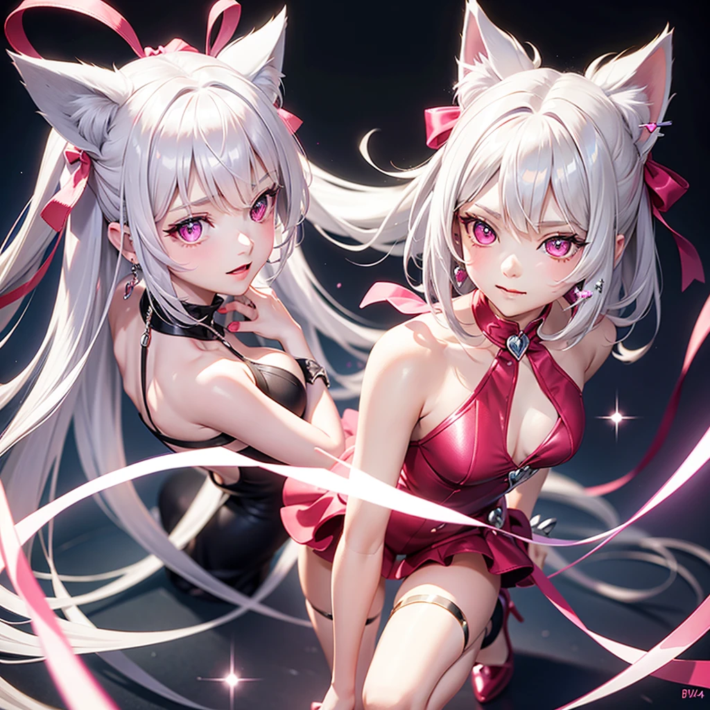 Silver hair, pink eyes, body, cat ears, girl, earrings, background fantasy, princess, godly, hair bows, happy face, red dress