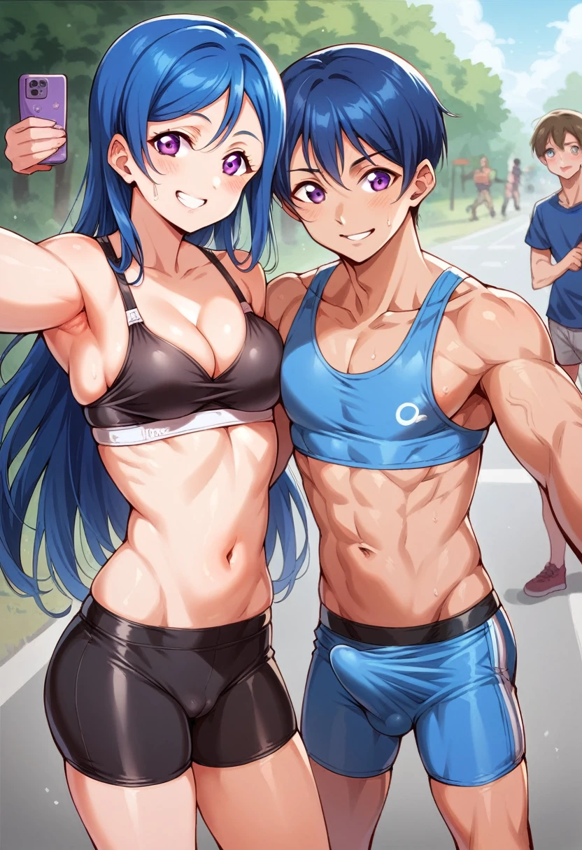 Matsuura kanan love live, long hair, blue hair, purple eyes, gym bra, bike shorts, standing, puffy crotch , skindentation , realistic art style , energetic smile,in street, lake in background, 2boys,1girl,taking selfie with boys , sexual harassment , erection under clothes ,hug