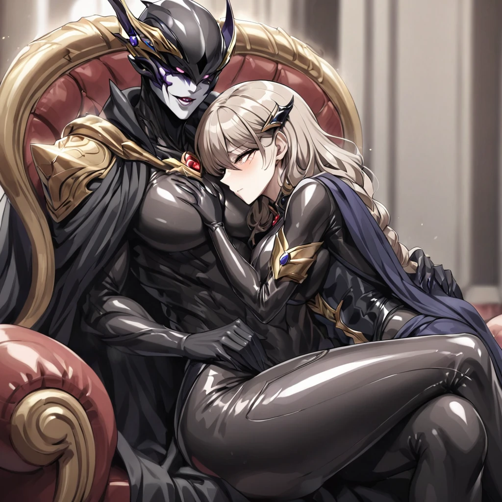((Highest quality)), ((masterpiece)), (detailed), （Perfect Face）、The woman is Princess Leona having sex. She has medium-long light brown hair and is wearing a shiny, flashy, sexy, and revealing black evil dress bodysuit, an open-front skirt, a cape, and a headgear. She is an evil female executive and is having sex with a man who is the boss of a dignified evil organization.、Women are brainwashed, expressionless, and have no highlights in their eyes.、The woman is being held close by the powerful boss of an evil organization.、A strong male boss of an evil organization is sitting on a luxurious sofa with a woman, embracing her, kissing her, having sex with her, and loving her.、The man is a dignified and powerful boss of an evil organization, wearing a luxurious and stately evil bodysuit and cape.
