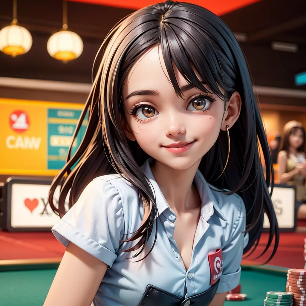 happy and smile, indonesian girl wearing high , teasing you, waiting customer play, standing, playing in casino, red casino background, polite and kind, Sweet Face, casino, poker table, playing casino roulette