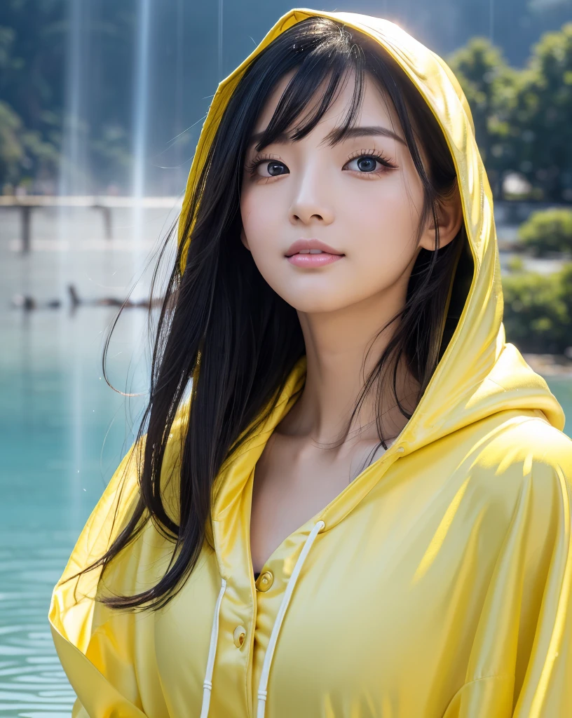 (Highest quality, 32k, High resolution, Masterpiece:1.5, ), marimo_jet, god々A photograph with brilliant dazzling and healing power., Evoking a sense of calm and elusive beauty, Expressing emotions, Have a rich imagination,Beautiful Japanese Girls, An exceptionally beautiful face, Small Face Beauty, ((Profile looking up at the sky:1.2)), Perfect Human Anatomy, Magical big eyes, Motherhood and generosity, Deep Love, fleeting smile, shiny wet black hair, Super Long Straight Silk Hair, Asymmetrical bangs, Hair between the eyes, Transparent, soft white skin, Sharp eyebrows, Thin lashes, Natural Makeup, Cheek highlighter, Pale pink detailed lips, , ((Yellow hooded raincoat:1.2)), Slim figure with ample breasts, High resolutionの美しい太もも, ((Ancient ruins submerged in a blue lake:1.3)), ((It rains:1.2)), ((A background of a faint light shining through a gap in the cloudy sky:1.3)), Professional Lighting, Professional photographer, Professional models, god秘的