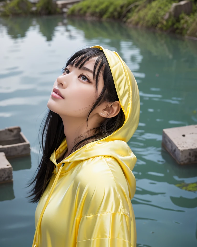 (Highest quality, 32k, High resolution, Masterpiece:1.5, ), marimo_jet, god々A photograph with brilliant dazzling and healing power., Evoking a sense of calm and elusive beauty, Expressing emotions, Have a rich imagination,Beautiful Japanese Girls, An exceptionally beautiful face, Small Face Beauty, ((Profile looking up at the sky:1.2)), Perfect Human Anatomy, Magical big eyes, Motherhood and generosity, Deep Love, fleeting smile, shiny wet black hair, Super Long Straight Silk Hair, Asymmetrical bangs, Hair between the eyes, Transparent, soft white skin, Sharp eyebrows, Thin lashes, Natural Makeup, Cheek highlighter, Pale pink detailed lips, , ((Yellow hooded raincoat:1.2)), Slim figure with ample breasts, High resolutionの美しい太もも, ((Ancient ruins submerged in a blue lake:1.3)), ((It rains:1.2)), ((A background of a faint light shining through a gap in the cloudy sky:1.3)), Professional Lighting, Professional photographer, Professional models, god秘的
