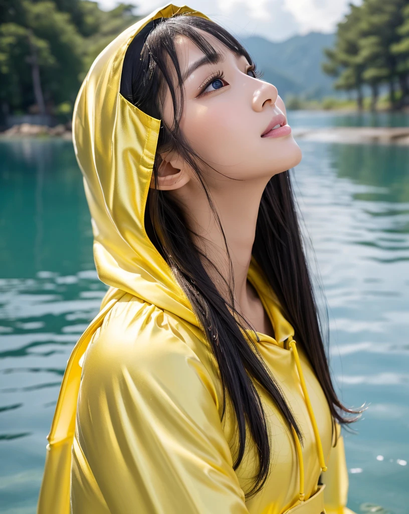 (Highest quality, 32k, High resolution, Masterpiece:1.5, ), marimo_jet, god々A photograph with brilliant dazzling and healing power., Evoking a sense of calm and elusive beauty, Expressing emotions, Have a rich imagination,Beautiful Japanese Girls, An exceptionally beautiful face, Small Face Beauty, ((Profile looking up at the sky:1.2)), Perfect Human Anatomy, Magical big eyes, Motherhood and generosity, Deep Love, fleeting smile, shiny wet black hair, Super Long Straight Silk Hair, Asymmetrical bangs, Hair between the eyes, Transparent, soft white skin, Sharp eyebrows, Thin lashes, Natural Makeup, Cheek highlighter, Pale pink detailed lips, , ((Yellow hooded raincoat:1.2)), Slim figure with ample breasts, High resolutionの美しい太もも, ((Ancient ruins submerged in a blue lake:1.3)), ((It rains:1.2)), ((A background of a faint light shining through a gap in the cloudy sky:1.3)), Professional Lighting, Professional photographer, Professional models, god秘的