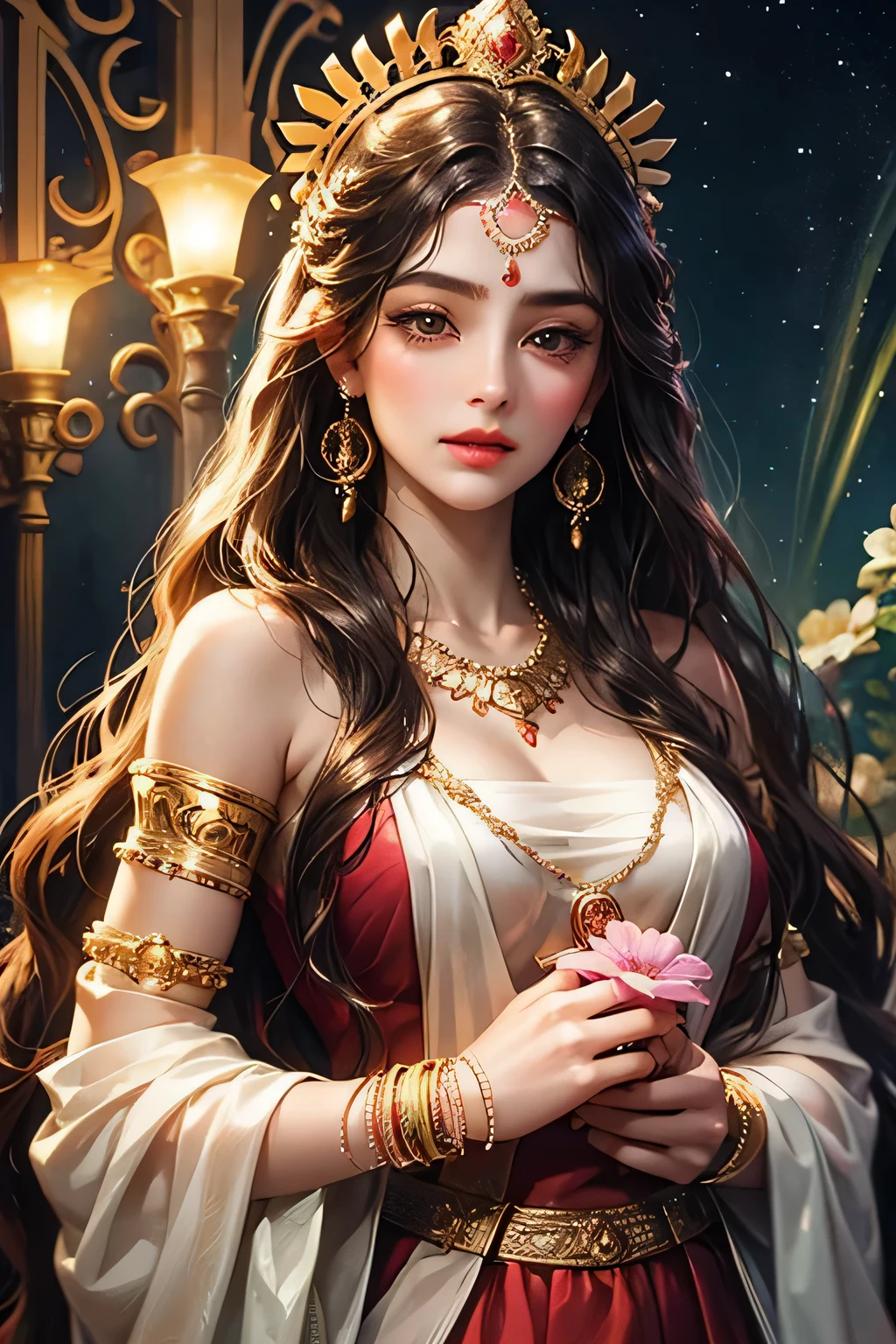 Goddess parvati, very beautiful, animated style, closeup shot, anime in a red indian dress, long black wavy hair untied, head jewellery, necklace, earings, armlets, bangles and bracelets, rings, pleasant expression, bright big black eyes, holding a flower, natural beauty, vibrant colors, dreamy, northern light, pink bubble, romantic, soft lighting, vintage aesthetic