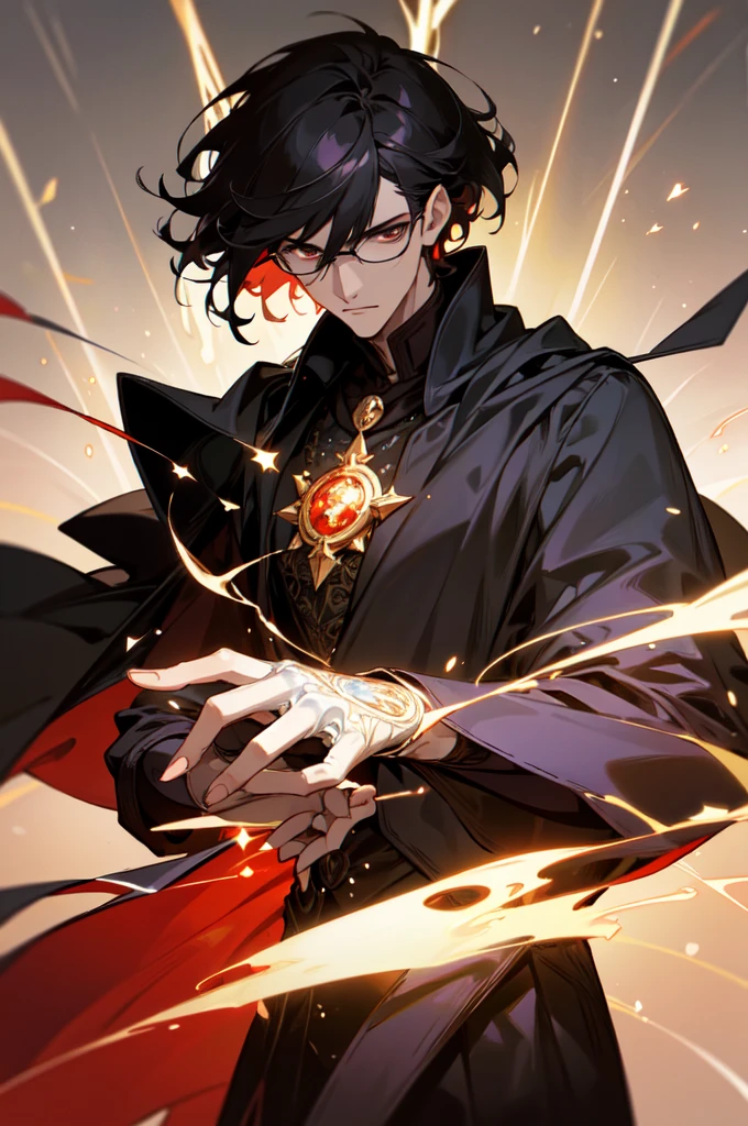 masterpiece, best quality, 1 male, young, tall muscular, handsome, finely detailed eyes, intricate details, black hair, short hair, evil face, solo, upper body, detailed dark shadow background, detailed face, good sorcerer, color magical robes, determined expression, white color scheme, dark crimson light, glowing magical runes, realistic lighting, floating particles, sparks, surrounded by gold lightning red arcane symbols, corrupted by eldritch power, bloom, glasses, gloves