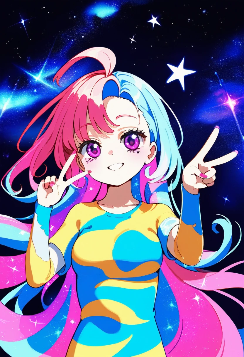 High detail, Super detailed, Ultra-high resolution, A girl having a good time in a dream galaxy, Surrounded by stars, The warm light that shines on her, The background is a starry sky with colorful galaxies and galactic clouds, The stars fly around her, Delicate face, Add a playful touch , --v6