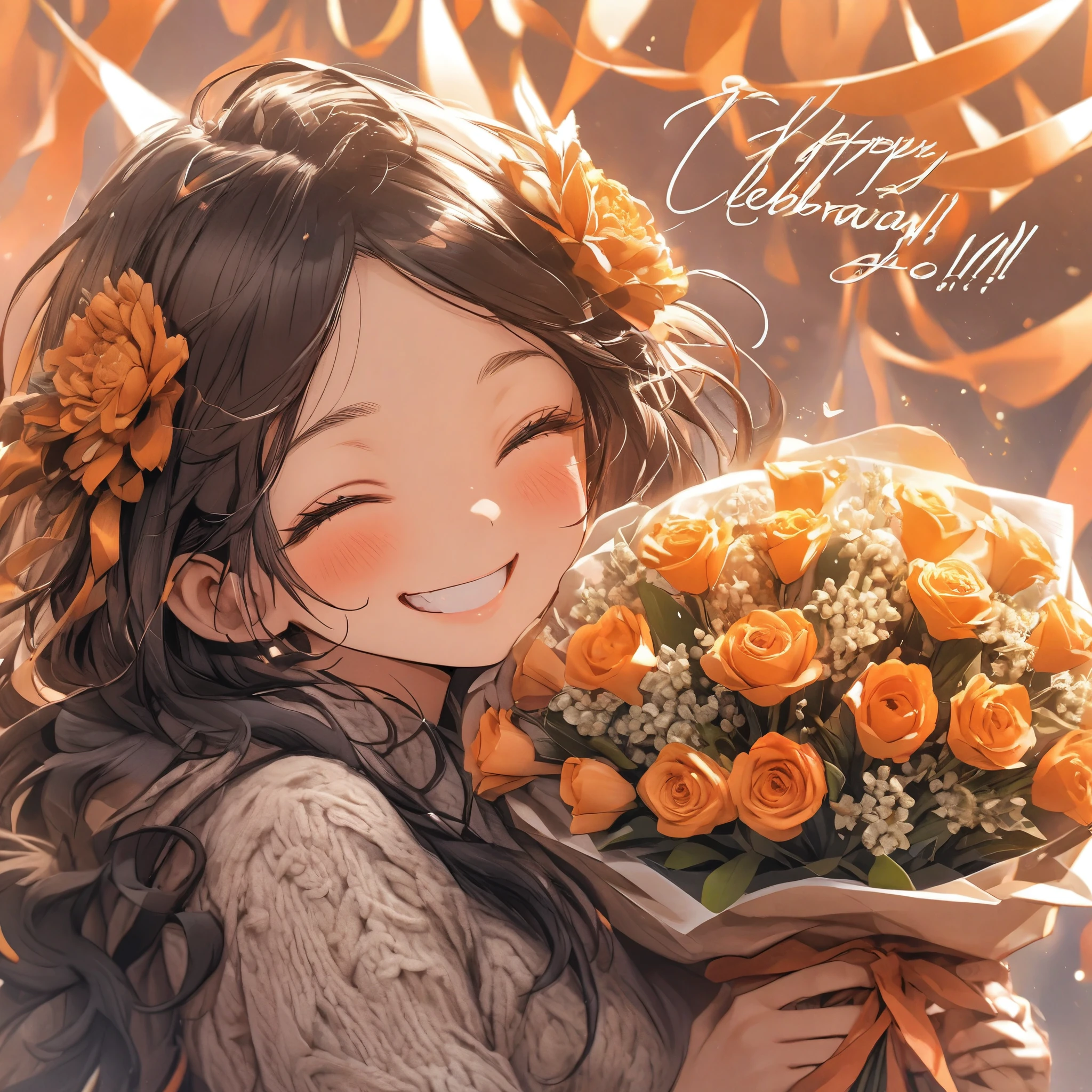 celebration, hand over a bouquet, A big smile, Orange background
