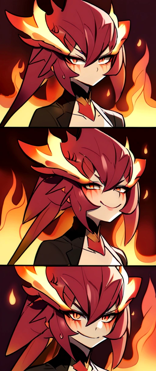 Monster girl, salamander girl, red scales, fire, warrior, smug