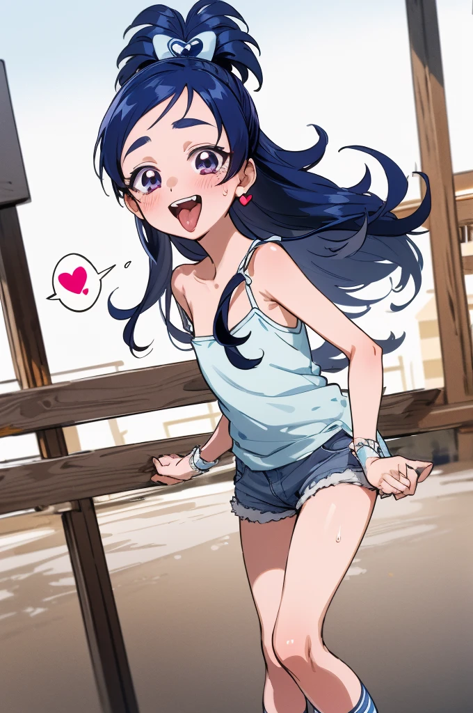 masterpiece, best quality, absurdres, cure white, 1girl, solo, long hair, blue hair ,, blush, ,,camisole,, shorts,socks,looking viewer,,spoken heart,6yo,(petite),flat chest,,outdoor,grin,nsfw,socks,open mouth,tongue,sweating