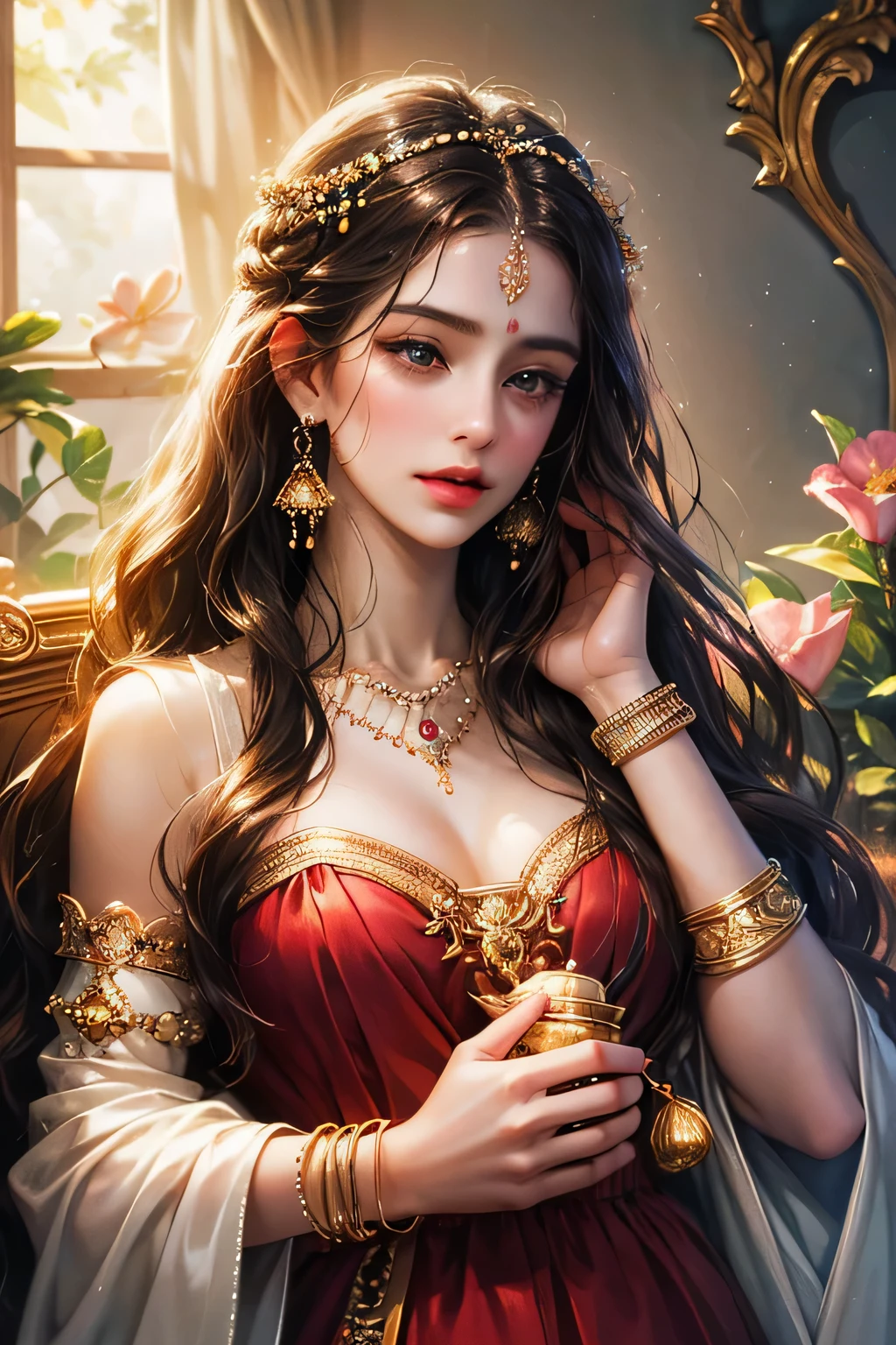 (absurderes, A high resolution, Ultra detailed, hdr), Masterpiece, Best quality, Portrait of a
Goddess parvati, extreme realistic very beautiful, animated style, closeup shot, anime in a red indian dress, long black wavy hair untied, head jewellery, necklace, earings, armlets, bangles and bracelets, rings, pleasant expression, bright big black eyes, holding a flower, natural beauty, vibrant colors, dreamy, northern light, pink bubble, romantic, soft lighting, vintage aesthetic