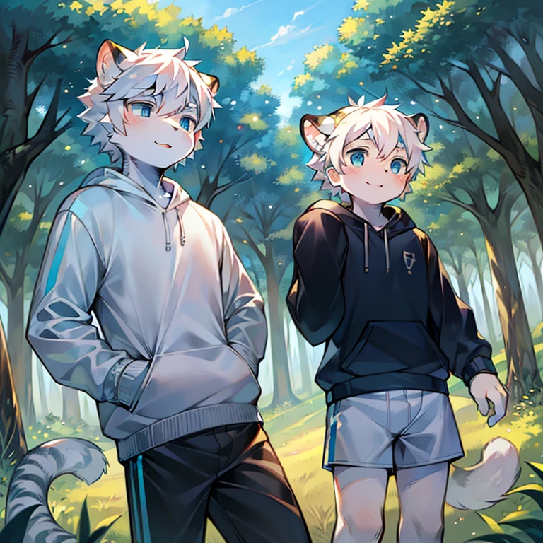 White Tiger,White hair Blue eyes,White coat color,cute,vitality,Two boys,,casual sweatshirt,活泼cute,sports Shorts,Great Outdoors,Nature,in the forest