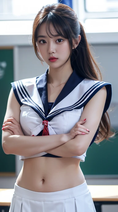 Woman in classroom, ((white crop top sailor suit)), blue student skirts, open navel, open belly, (show abdomen area), ((((arms crossed over chest)))), crying , ((got canning by a man))