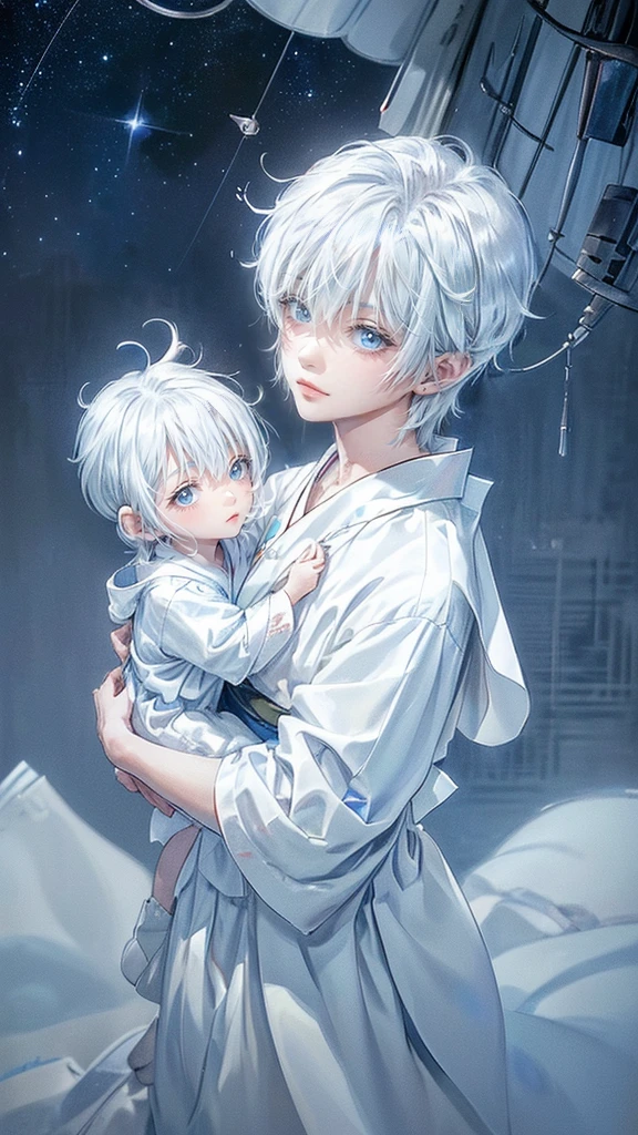 ((4K works))、masterpiece、(top-quality)、One beautiful boy、angel wings on his back, Slim body、tall、((White japanese YUKATA))、(Detailed beautiful eyes)、Fantastic Night City、((City under the stars))、Fantastic city at midnight、((Short-haired white hair))、((Smaller face))、((Neutral face))、((Bright blue eyes))、((Like a celebrity))、((Crying expression))、((sad look))、((Korean Makeup))、((elongated and sharp eyes))、((Happy dating))、((boyish))、((Upper body photography))、Professional Photos、((Shot alone))、((He is looking up at the sky under the roof))、((Shot from the side))、((Face crying in pain))、((He is looking upwards))、((His eyes are looking down))、
(Young:1.4), (Child:1.4), (Shota:1.4), (male:1.4), (boy:1.4), (divine:1.4), (divine clothes:1.4)