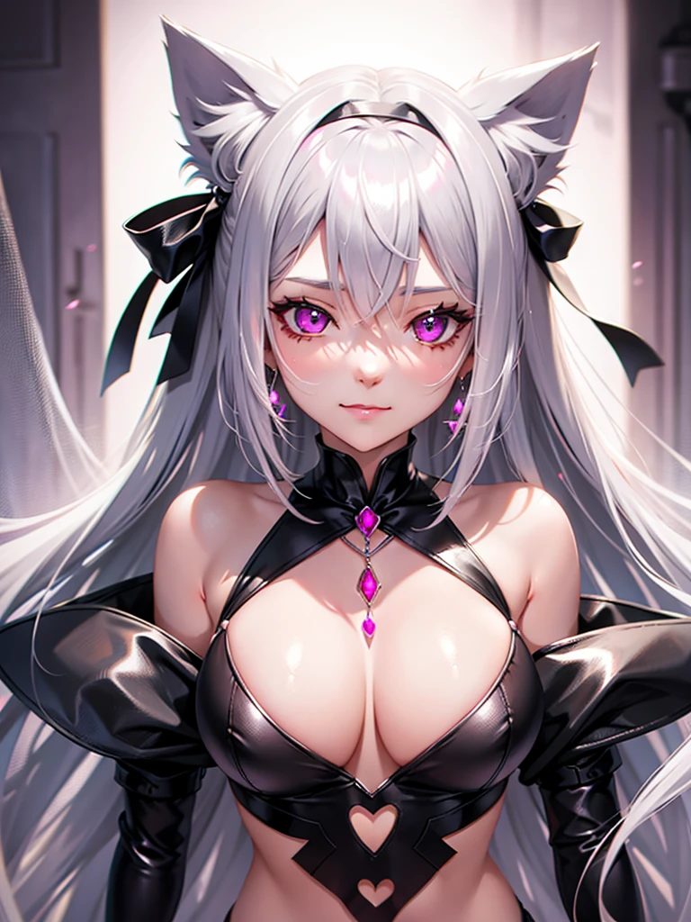 Silver hair, pink eyes, body, cat ears, sexy girl, earrings, background fantasy, princess, hair bows, happy face, sexy