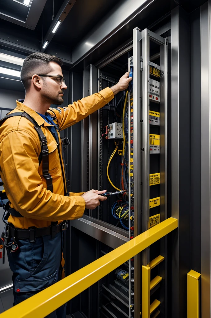 A technician, equipped with safety gear, installs an elevator. He aligns the shaft, installs guide rails, and positions the elevator car with his team. He connects and tests the motor and control panel, calibrates the controls, and adds interior finishes. Throughout, he follows strict safety protocols.
