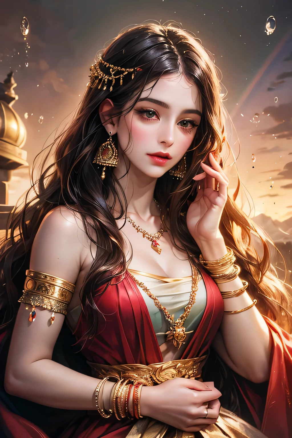 (absurderes, A high resolution, Ultra detailed, hdr), Masterpiece, Best quality, Portrait of a
Goddess parvati, extreme realistic very beautiful, animated style, closeup shot, anime in a red indian dress, long black wavy hair untied, head jewellery, necklace, earings, armlets, bangles and bracelets, rings, pleasant expression, bright big black eyes, holding a flower, natural beauty, vibrant colors, dreamy, northern light, pink bubble, romantic, soft lighting, vintage aesthetic