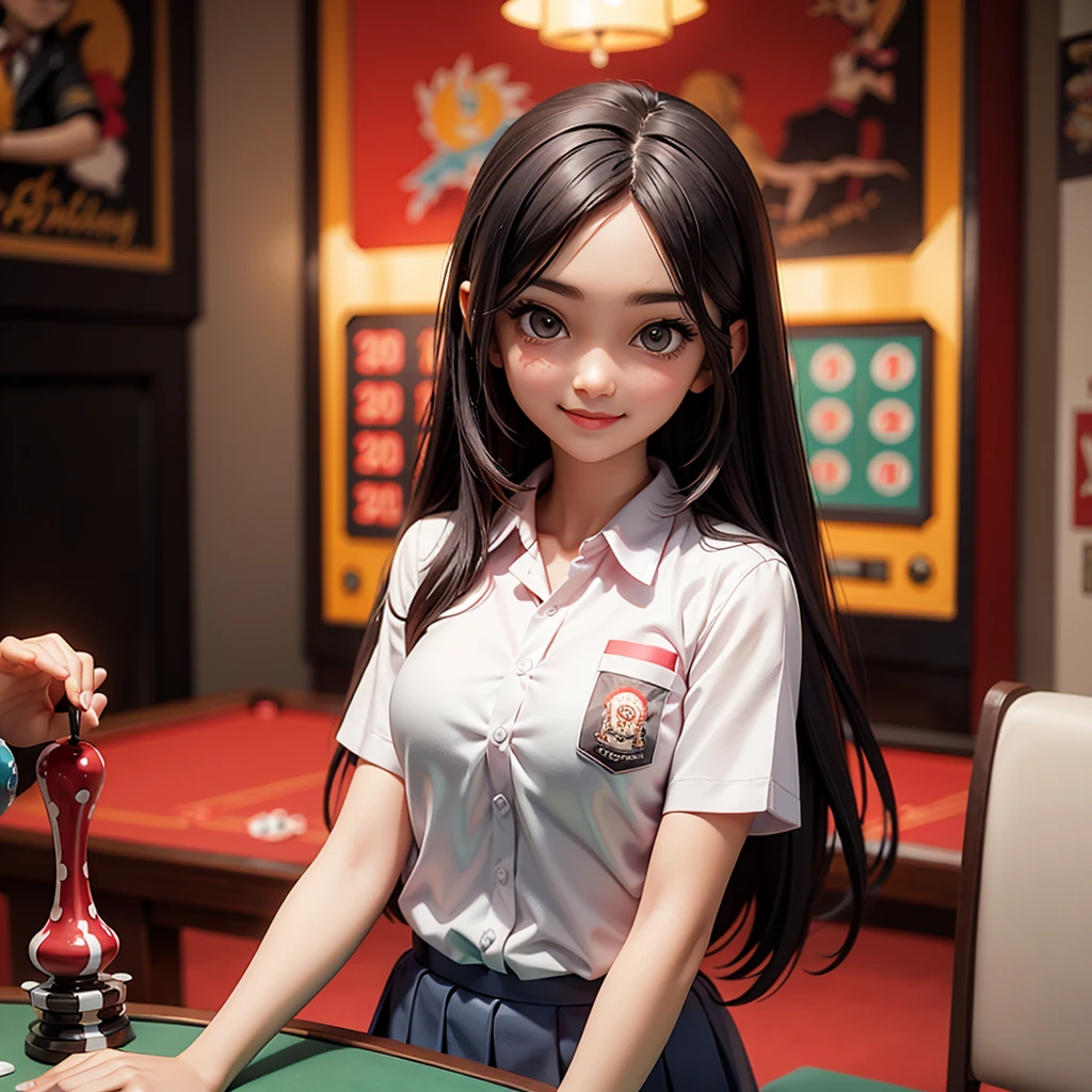 happy and smile, {{indonesian girl}}, {wearing high school uniform}, teasing and waiting customer play, standing, playing in casino, red casino background, polite and kind, Sweet Face,