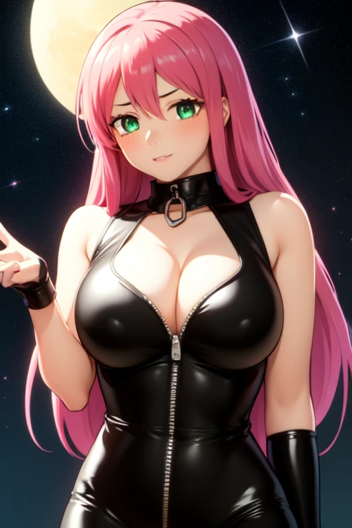 1 girl, 19 years old, Long pink hair, green eyes with slit pupils, big breasts, master-piece, best quality, proportional body, proportional, sexy black leather catsuit, zipped down, showing cleavage, red nails, Under the moon background, the stars are shining, outdoor, Upper body, The sky is beautiful, Make eye contact with the camera, front figure, looking forward, (Detailed hands and fingers:1.2)