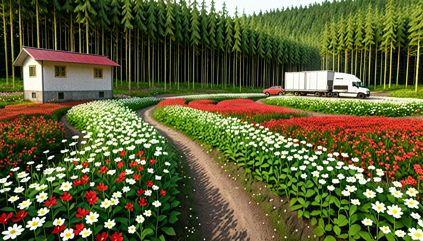 In middle of thick forest, which filled with red and white flowers which looks like a rugged field of flowers, sepreated as two sections with a path way,leading to a single building, a small production unit, which is covered with fence, there should be a rugged forest path way through forest leading through flower field towards the small production unit, trucks and other transport vehicles are seen parked near the building, evening golden light, cinematic lighring