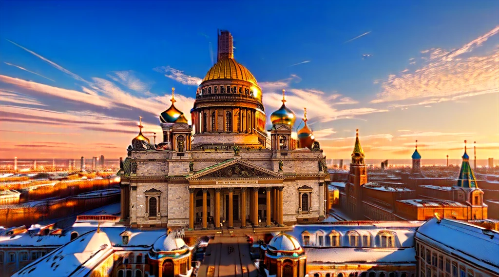 view of a large building with a dome on top, Saint Petersburg, Russian architecture, by Serhii Vasylkivsky, Bathed in golden light, Russia, author Fedor Rokotov, summer evening, imperial Russia, with large domes and arches, Russian temple, shutterstock, beautiful Russia of the future, cyberpunk, Sci-fi, city of the future, flying cars, Science fiction,