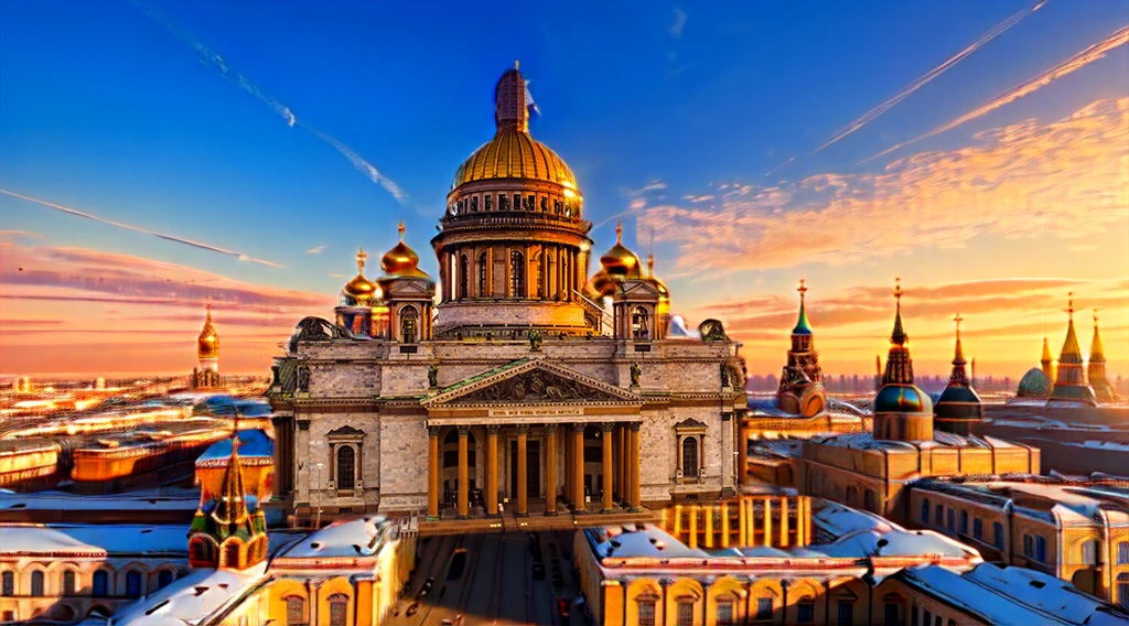 view of a large building with a dome on top, Saint Petersburg, Russian architecture, by Serhii Vasylkivsky, Bathed in golden light, Russia, author Fedor Rokotov, summer evening, imperial Russia, with large domes and arches, Russian temple, shutterstock, beautiful Russia of the future, cyberpunk, Sci-fi, city of the future, flying cars, Science fiction,