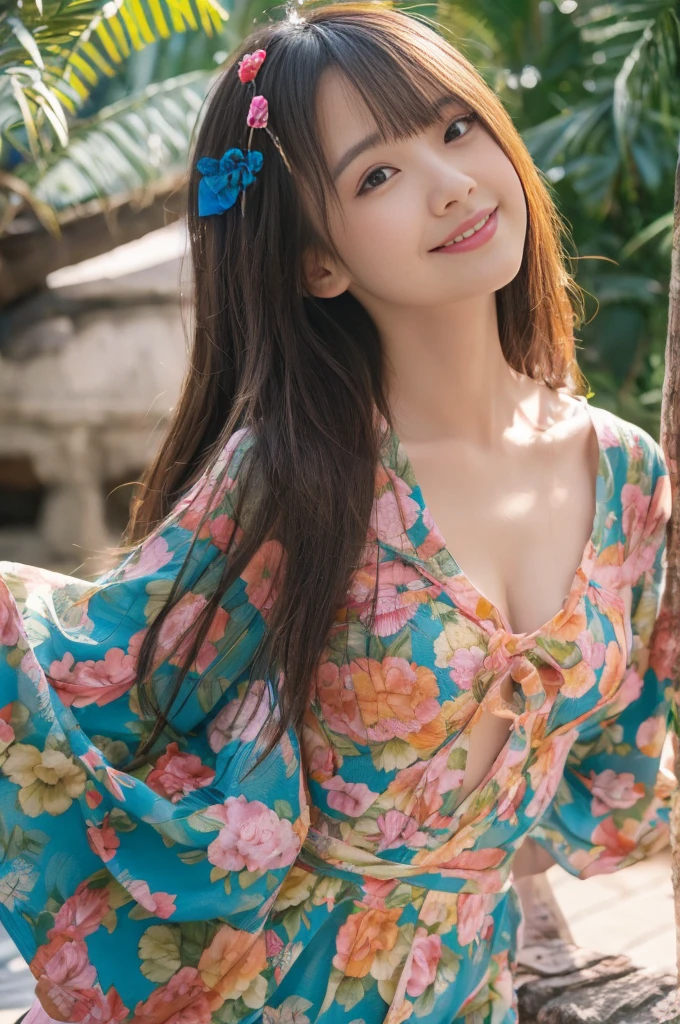 (Best Quality,4K, 8K, hight resolution, masutepiece:1.2), Ultra-detailed, (Realistic, Photorealsitic:1.37), 1girl in, (Perfect body :1.2),  Ultra-detailed face, Detailed lips, Detailed eyes, Sexy double eyelids, Beautiful detailed eyes, Beautiful detailed lips, sexy flirty pose, Young beautiful Japanese woman wearing hanbok, look happy, and look at the audience, Tropical seas, low angles