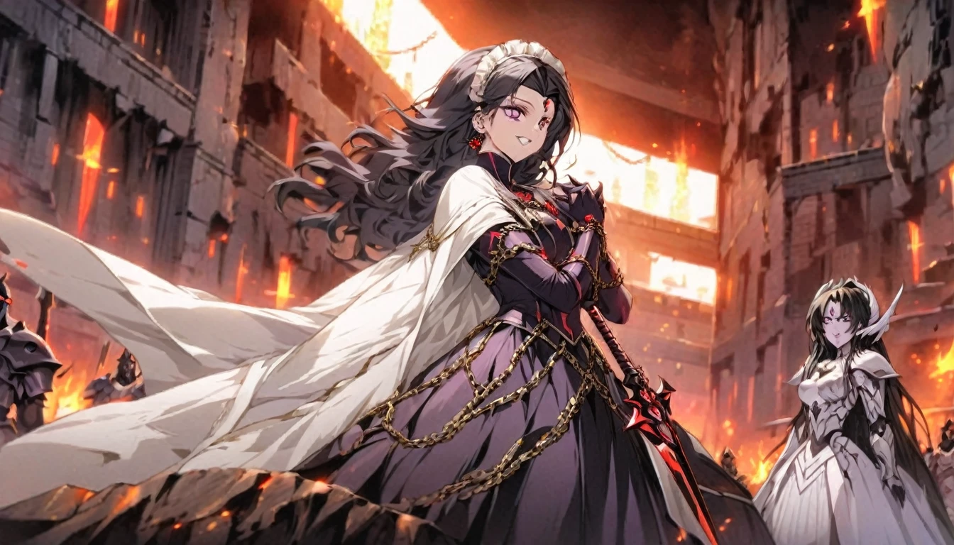 dark persona, grin, standing on pedestal, white leg armor, talking, knight, wavy hair, medium hair, Leading a ritual, dark purple eyes, audience, forehead jewel, white wing headdress, gripping spear in hand, shoulder armor, 1 female, armor, from side, white cape, runes, evil woman Executive, white dress, Ruined city, gold decoration, black hair, moonlight, earrings, chains, yin yang, long skirt, beautiful art, depth of field, high res, perfect face, detailed outfit
