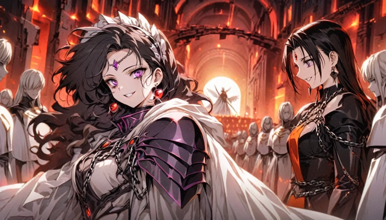 dark persona, grin, standing on pedestal, white leg armor, talking, knight, wavy hair, medium hair, Leading a ritual, dark purple eyes, audience, forehead jewel, white wing headdress, gripping spear in hand, shoulder armor, 1 female, armor, from side, white cape, runes, evil woman Executive, white dress, Ruined city, gold decoration, black hair, moonlight, earrings, chains, yin yang, long skirt, beautiful art, depth of field, high res, perfect face, detailed outfit