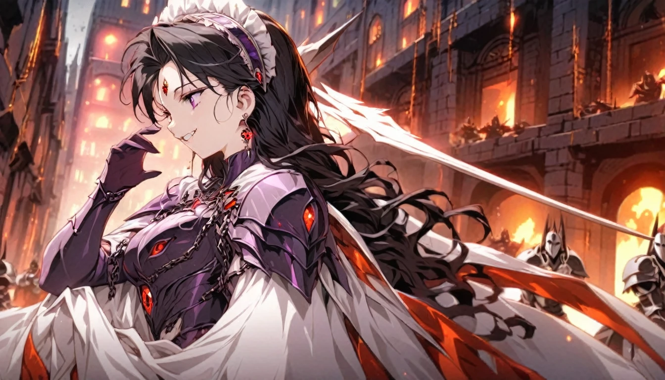 dark persona, grin, standing on pedestal, white leg armor, talking, knight, wavy hair, medium hair, Leading a ritual, dark purple eyes, audience, forehead jewel, white wing headdress, gripping spear in hand, shoulder armor, 1 female, armor, from side, white cape, runes, evil woman Executive, white dress, Ruined city, gold decoration, black hair, moonlight, earrings, chains, yin yang, long skirt, beautiful art, depth of field, high res, perfect face, detailed outfit
