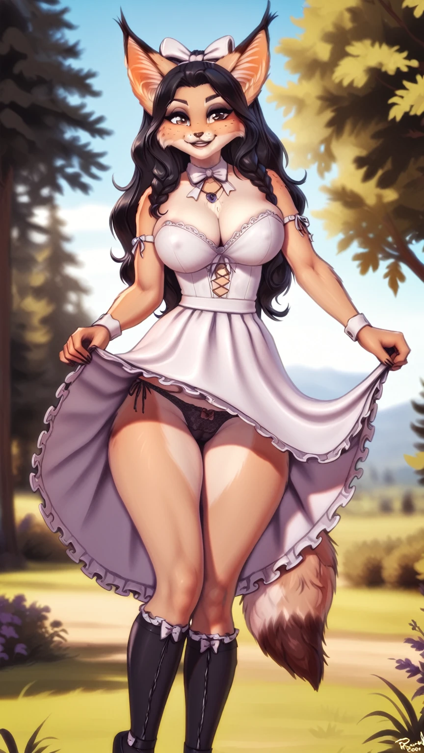 By personalami. solo. Cute slutty seductress furry lynx. Black long hair. Hair bow. slutty seductress smiling. slutty seductress slutty shameless Maid dress. Big breasts. shameless panties