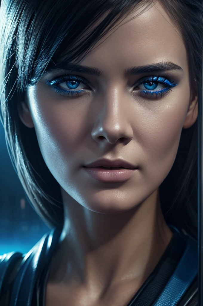 Close up of woman in black and blue dress, 4k highly detailed digital art, 4K Fine Digital Art, realistic digital art 4k, realistic digital art 4k, Stunning digital illustrations, Portrait Beautiful Sci-fi Girl, Sci-fi female portrait, digital artwork 4k, Cyberpunk girl portrait, Beautiful cyberpunk girl face, Epic Portrait Illustration