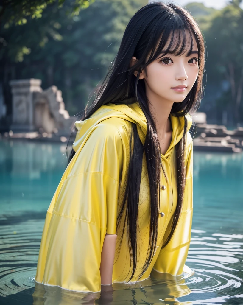 (Highest quality, 32k, High resolution, Masterpiece:1.5, ), marimo_jet, god々A photograph with brilliant dazzling and healing power., Evoking a sense of calm and elusive beauty, Expressing emotions, Have a rich imagination,Beautiful Japanese Girls, An exceptionally beautiful face, Small Face Beauty, ((Downcast profile:1.2)), Perfect Human ???????, Magical big eyes, Motherhood and generosity, Deep Love, fleeting smile, shiny wet black hair, Super Long Straight Silk Hair, Asymmetrical bangs, Hair between the eyes, Transparent, soft white skin, Sharp eyebrows, Thin lashes, Natural Makeup, Cheek highlighter, Pale pink detailed lips, , ((Yellow hooded raincoat:1.2)), Slim figure with ample breasts, High resolutionの美しい太もも, ((Ancient ruins submerged in a blue lake:1.3)), ((It rains:1.2)), ((A background of a faint light shining through a gap in the cloudy sky:1.3)), Professional Lighting, Professional photographer, Professional models, god秘的