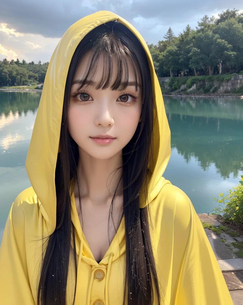 (Highest quality, 32k, High resolution, Masterpiece:1.5, ), marimo_jet, god々A photograph with brilliant dazzling and healing power., Evoking a sense of calm and elusive beauty, Expressing emotions, Have a rich imagination,Beautiful Japanese Girls, An exceptionally beautiful face, Small Face Beauty, ((Downcast profile:1.2)), Perfect Human , Magical big eyes, Motherhood and generosity, Deep Love, fleeting smile, shiny wet black hair, Super Long Straight Silk Hair, Asymmetrical bangs, Hair between the eyes, Transparent, soft white skin, Sharp eyebrows, Thin lashes, Natural Makeup, Cheek highlighter, Pale pink detailed lips, , ((Yellow hooded raincoat:1.2)), Slim figure with ample , High resolutionの美しい太もも, ((Ancient ruins submerged in a blue lake:1.3)), ((It rains:1.2)), ((A background of a faint light shining through a gap in the cloudy sky:1.3)), Professional Lighting, Professional photographer, Professional models, god秘的