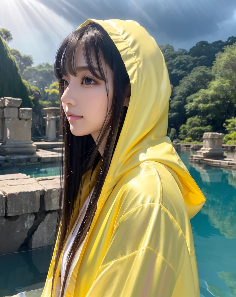 (Highest quality, 32k, High resolution, Masterpiece:1.5, ), marimo_jet, god々A photograph with brilliant dazzling and healing power., Evoking a sense of calm and elusive beauty, Expressing emotions, Have a rich imagination,Beautiful Japanese Girls, An exceptionally beautiful face, Small Face Beauty, ((Downcast profile:1.2)), Perfect Human Anatomy, Magical big eyes, Motherhood and generosity, Deep Love, fleeting smile, shiny wet black hair, Super Long Straight Silk Hair, Asymmetrical bangs, Hair between the eyes, Transparent, soft white skin, Sharp eyebrows, Thin lashes, Natural Makeup, Cheek highlighter, Pale pink detailed lips, , ((Yellow hooded raincoat:1.2)), Slim figure with ample breasts, High resolutionの美しい太もも, ((Ancient ruins submerged in a blue lake:1.3)), ((It rains:1.2)), ((A background of a faint light shining through a gap in the cloudy sky:1.3)), Professional Lighting, Professional photographer, Professional models, god秘的