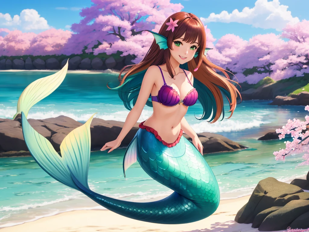 masterpiece, best quality:1.2), 1girl, smile, looking at viewer, green eyes, short brown multicolored hair, mermaid, mermaid girl, wearing purple seashell bra, laying on beach, colorful mermaid tail, outdoors, head fins, fin ears, under cherry blossoms