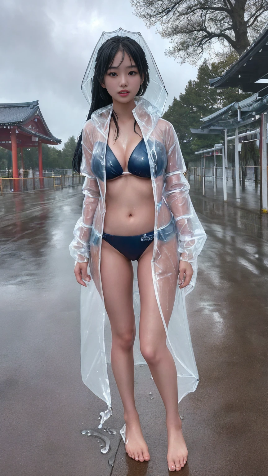 1girl,solo,medium breasts,outdoors,<lora:GoodHands-beta2:1>,(full body:1.3),<lora:0151 Girl in transparent raincoat_v1:0.9>,ruanyi0151,see-through,raincoat,long sleeves,hood,, best quality,masterpiece,highres,official art,extremely detailed cg unity 8k wallpaper