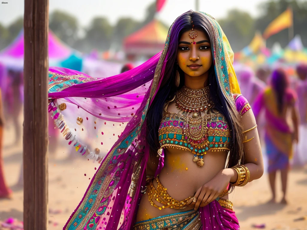 A stunning ghaghara choli-clad Indian woman (NSFW 0.75) stands out in a sea of colors at the holi festival. Her body is covered in intricate patterns of powder color, each one telling a unique story. With her long hair flowing in the wind, she embodies the spirit of the festival in all its diverse and creative glory. {NSFW 0.75}, extra long hair, sensual pose, standing, with a blurred background and a bokeh effect